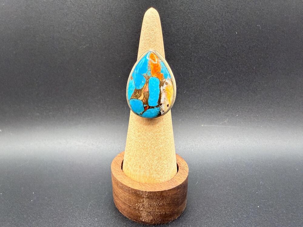Large Sterling Silver Turquoise & Orange Spiny Oyster Ring Size 7